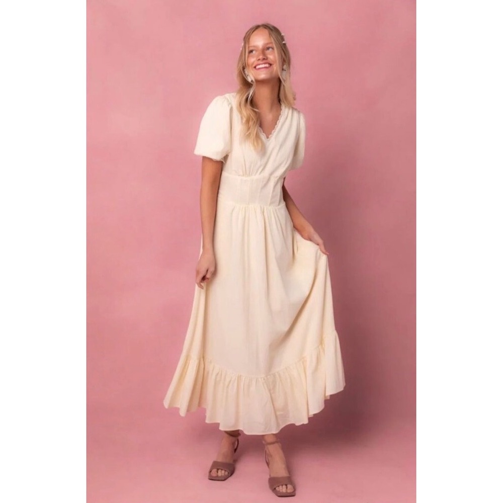Ivy City Co Cream Brooke Lace Trim Puff Sleeve Smocked Midi Dress Small